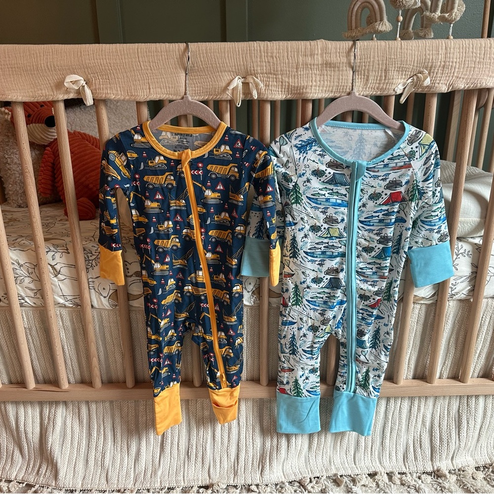 Kids One-Piece Footie Sleepers - Navy Construction & Light Blue Adventure Prints